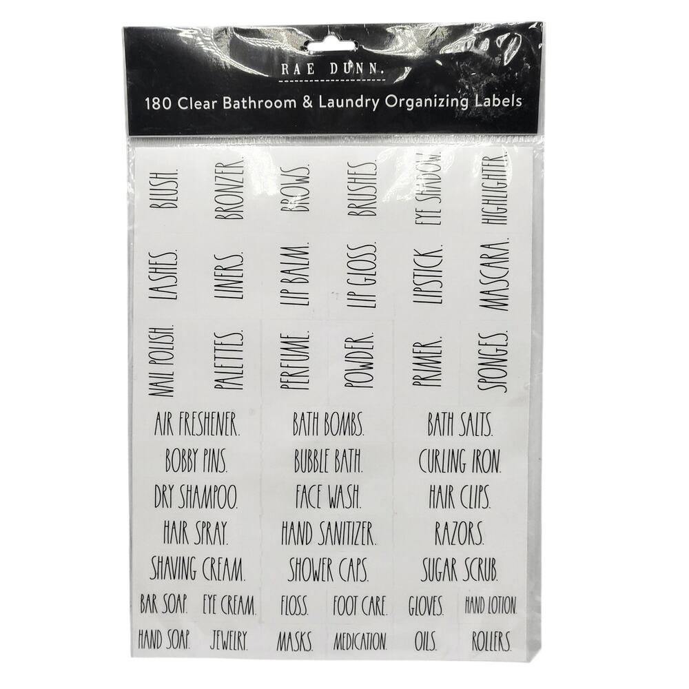 NWT Sealed Rae Dunn 180 Clear Bathroom & Laundry Organizing Labels Black Letters